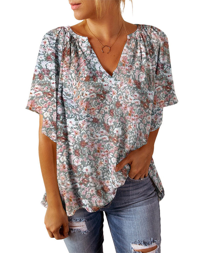 Damen luftiges V-Ausschnitt Blusenshirt mit floralem Muster R&B