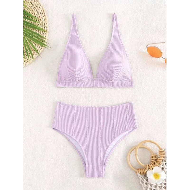 Damen Hochgeschnittener Bikini mit elegantem V-Ausschnitt und geripptem Design R&B