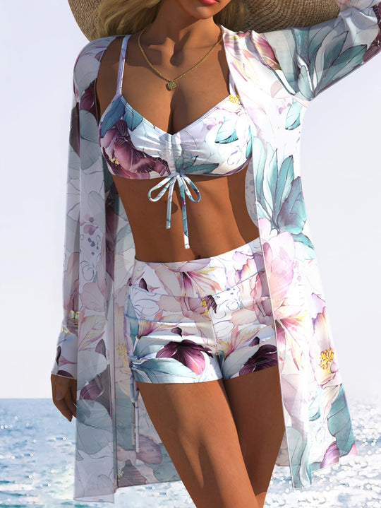 Damen Bikiniset mit floralem Design und schwingendem Kimono R&B