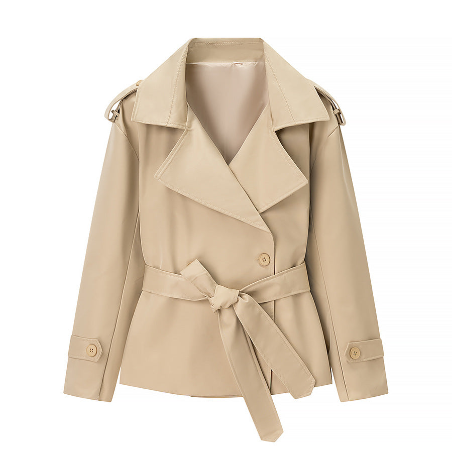 Damen nan kurze Trenchcoat Jacke mit Taillengürtel breitem Revers und dekorativen Schulterklappen R&B