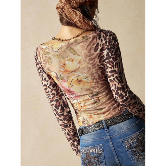 Damen Langarmshirt mit raffiniertem Raffungseffekt und animalischem Druck R&B