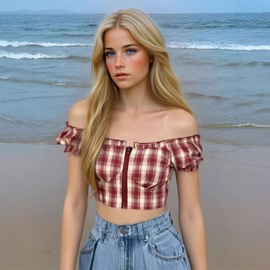 Damen Cropped Bluse mit Puffärmeln und Reißverschluss R&B