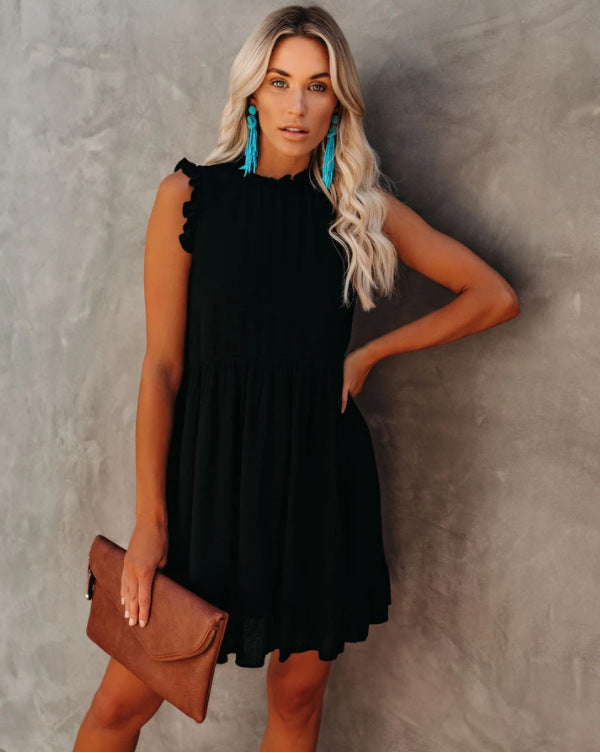 Damen lässiges Rüschendetails Kleid mit hohem Kragen R&B