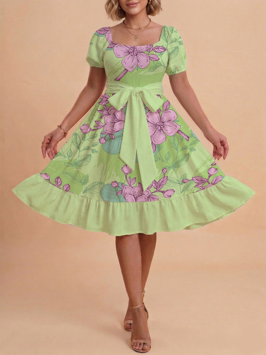 Damen Blumenkleid mit taillierbarem Gürtel und voluminösen Ärmeln R&B