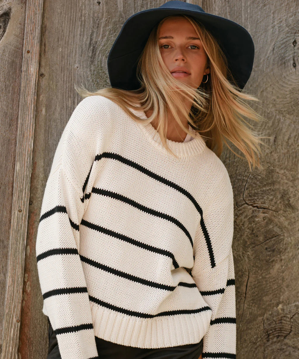 Damen gestrickter Pullover mit breitem Streifenmuster und lässigem Schnitt R&B