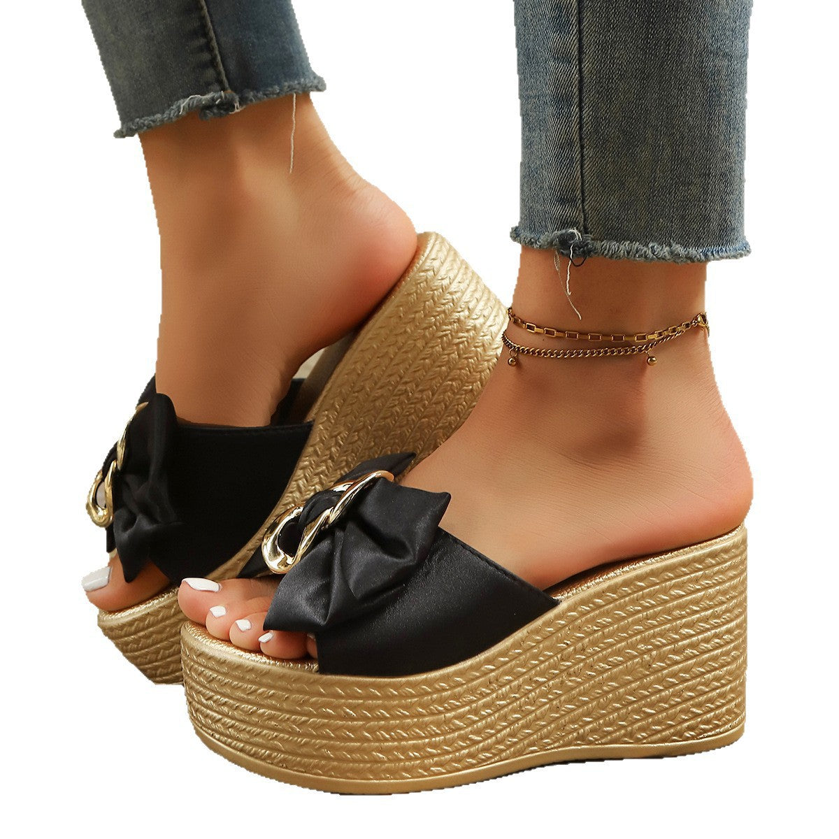 Damen Wedge-Pantoletten mit Glamourösen Schleifen und Goldakzenten