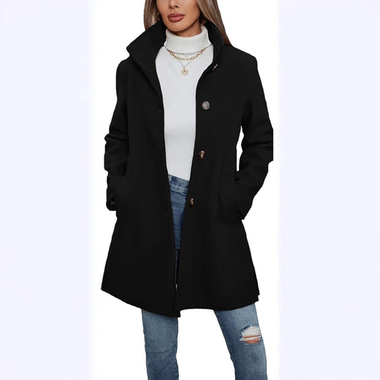 Damen Eleganter Wollmantel mit Hochgeschlossenem Kragen und Praktischen Taschen R&B