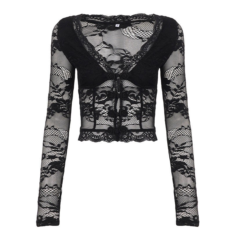 Damen Spitzentop mit romantischem Design und langen Ärmeln R&B