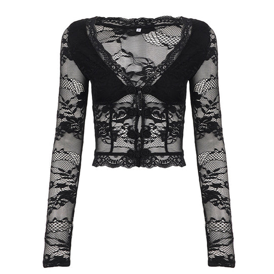 Damen Spitzentop mit romantischem Design und langen Ärmeln R&B