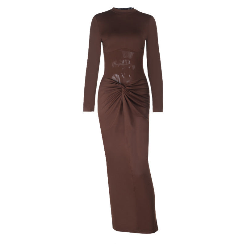 Damen Elegantes Maxikleid mit langärmligem, figurformendem Design und dezentem Rüschendetail EB