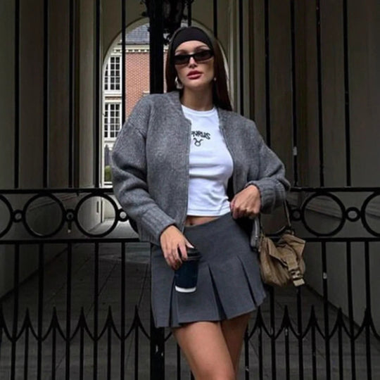 Damen modische Strickjacke mit hohem Kragen und Reißverschluss R&B