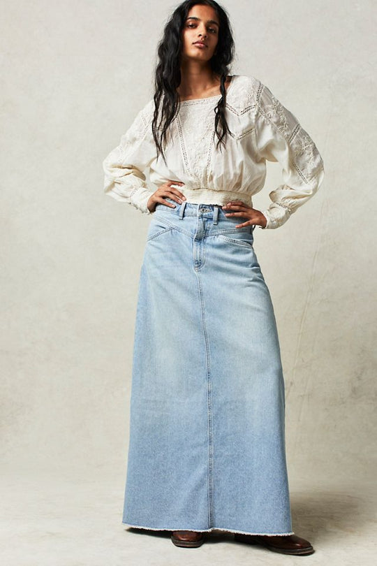 Damen Maxirock aus schwarzem Denim mit seitlichen Taschen und lässigem Schnitt R&B