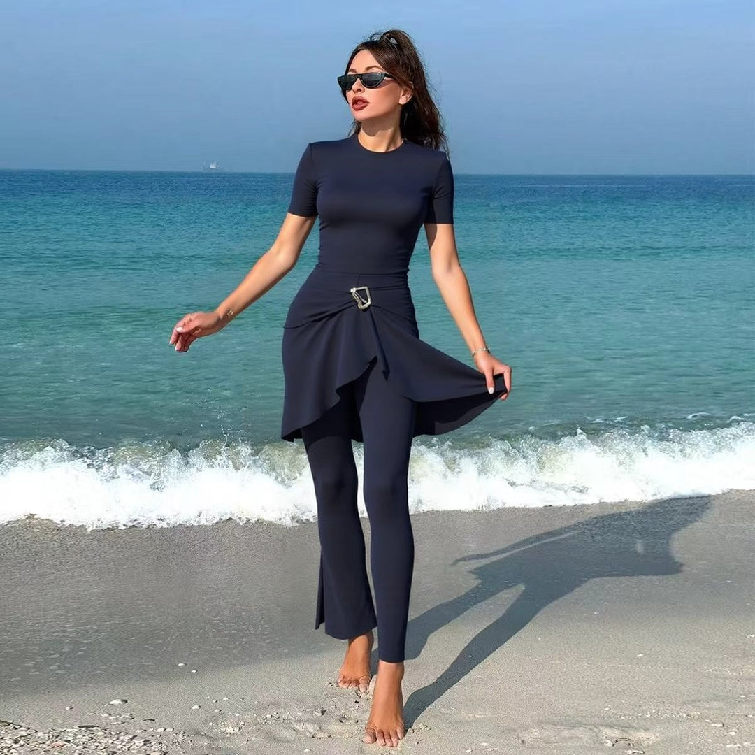 Damen eleganter Schwimmanzug mit asymmetrischem Rock und figurbetonendem Design R&B
