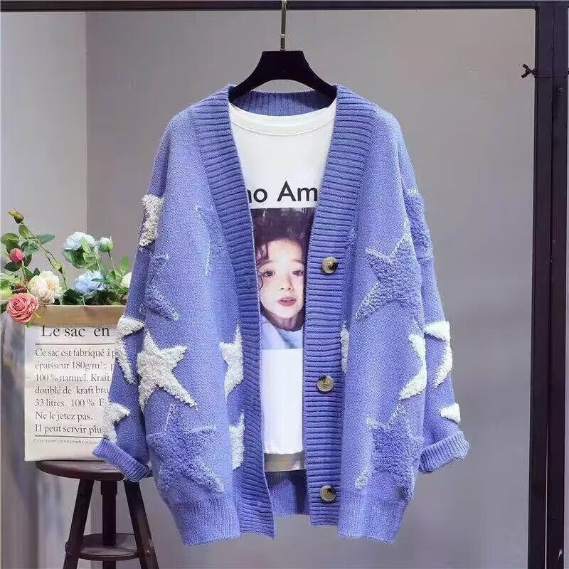 Damen Grobstrick-Cardigan mit Sternenmuster und tiefem V-Ausschnitt R&B