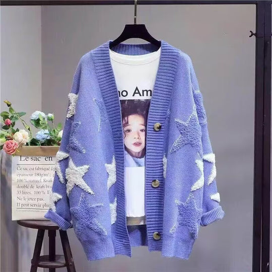 Damen Grobstrick-Cardigan mit Sternenmuster und tiefem V-Ausschnitt R&B
