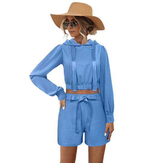 Damen lässiges Hoodie-Set mit verkürztem Schnitt und elastischem Bund R&B