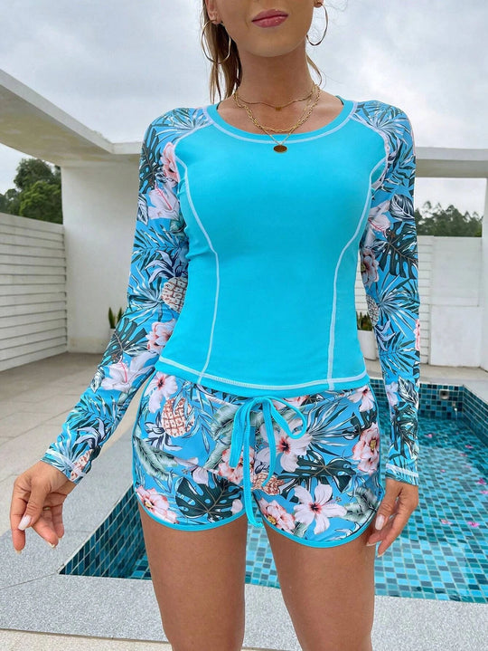 Damen Langarm Surf-Badeanzug mit floralem Muster R&B