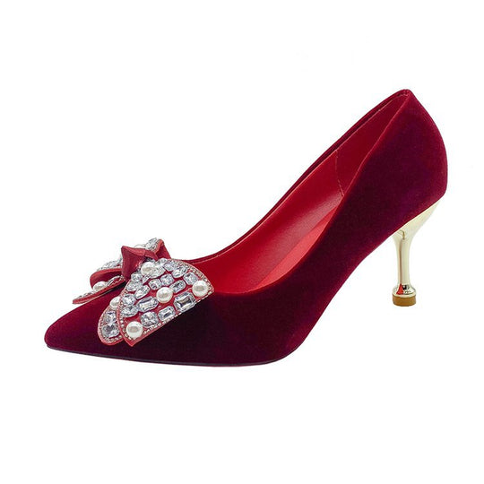Damen elegante High Heel Pumps mit funkelndem Schleifenakzent R&B