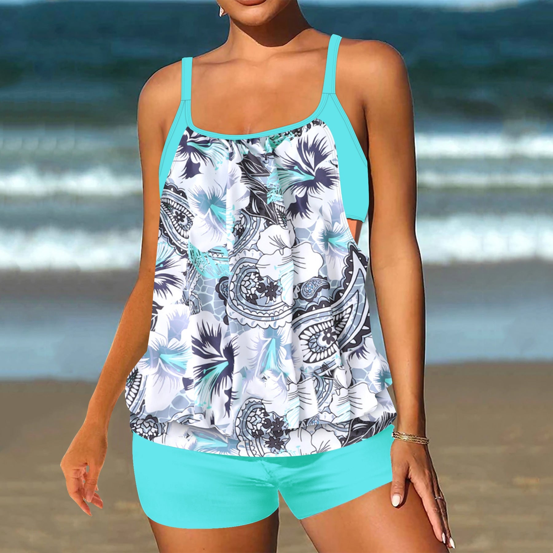 Damen Tankini-Set mit modischem Leopardenmuster und fließendem Oberteil R&B