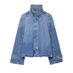 Damen nan cropped Boxy-Denimjacke mit hohem Wickel- bzw. Stehkragen und verdeckter Knopfleiste R&B