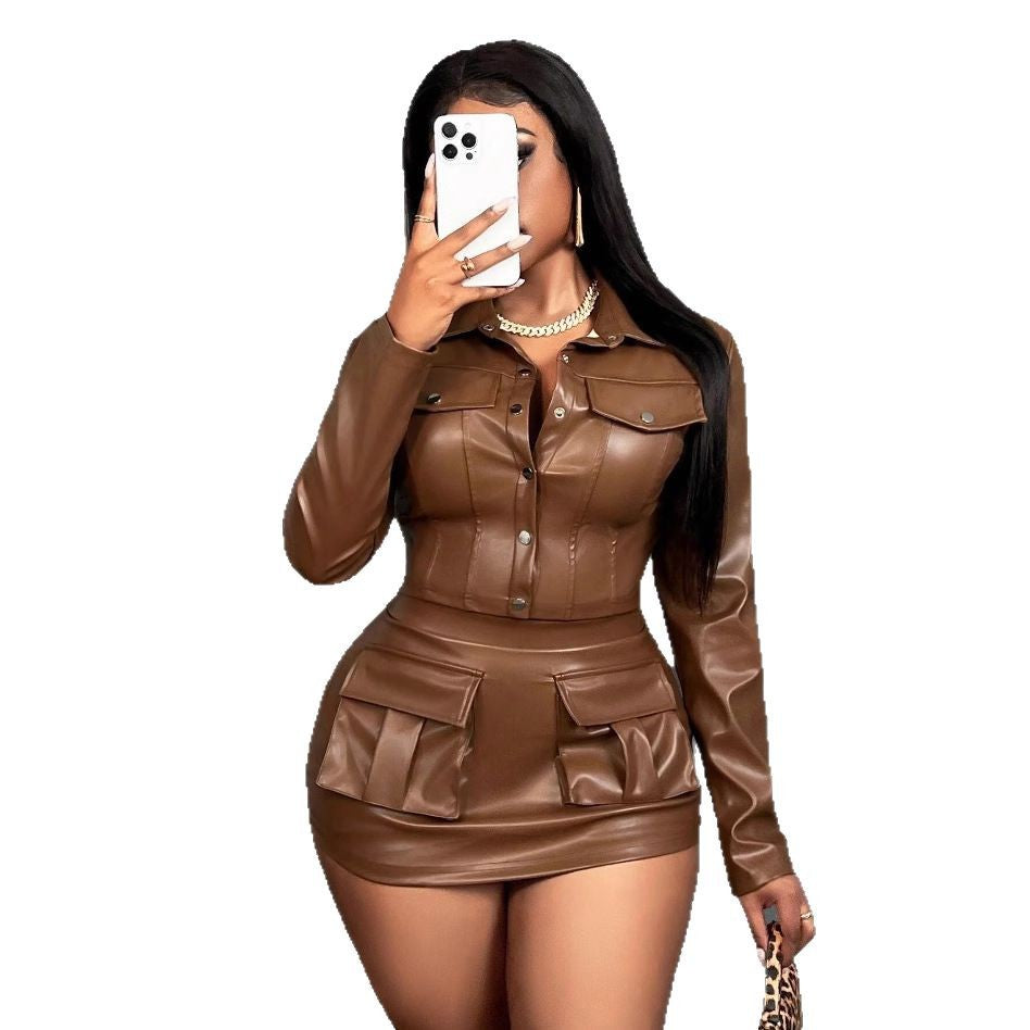 Damen Kunstleder Minikleid mit praktischen Klappentaschen R&B