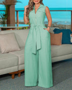 Damen Jumpsuit mit weitem Bein und Taillengürtel R&B