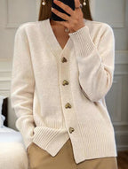 Damen kuschelige Strickjacke mit Herzknöpfen und V-Ausschnitt R&B