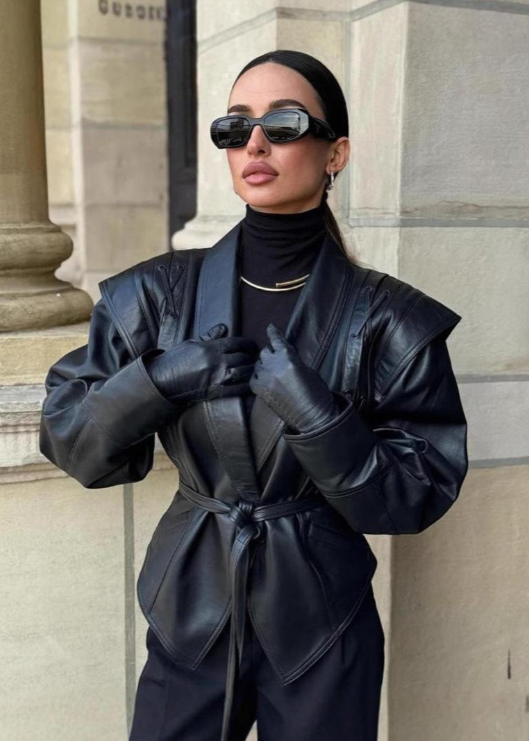 R&B | Schwarzer PU-Leder Damen Blazer mit Gürtel