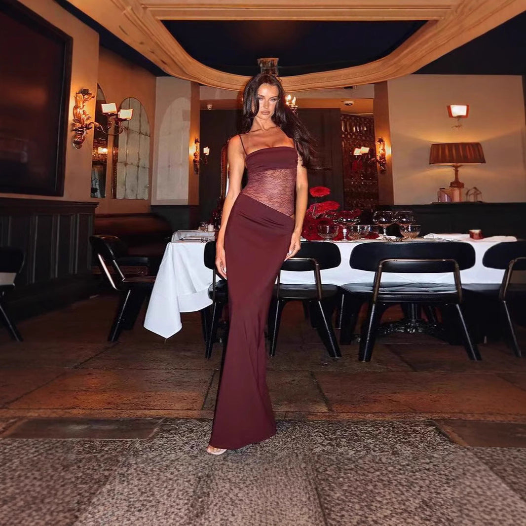 Damen Maxikleid mit transparentem Oberteil und eleganten Details R&B
