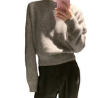 Damen lockerer Strickpullover mit Rundhalsausschnitt und weichem Material R&B
