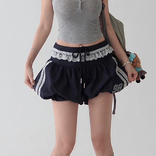 Damen sportliche und modische Shorts mit elegantem Spitzenbund und regulierbarem Taillenband R&B