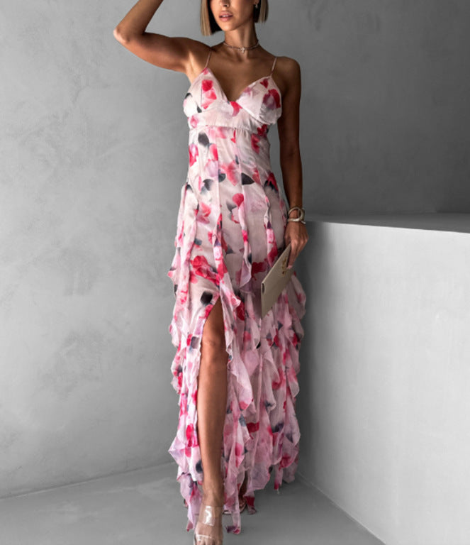 Damen Fließendes Chiffon Maxikleid mit Rüschendetails und floralen Akzenten R&B