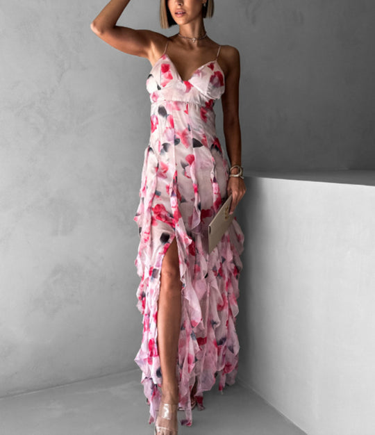 Damen Fließendes Chiffon Maxikleid mit Rüschendetails und floralen Akzenten R&B