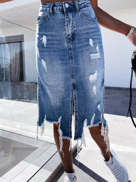 Damen Jeansrock mit ausgefransten Säumen und dekorativen Rissen R&B
