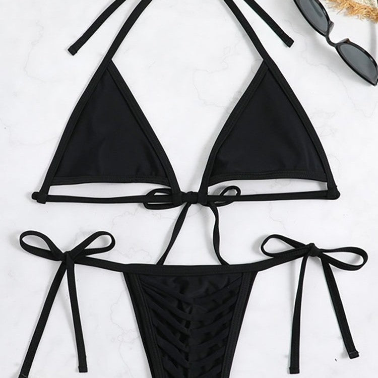 Damen Triangel-Bikini-Set mit geflochtenem Höschen und verstellbaren Trägern R&B