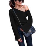 Damen asymmetrischer Grobstrickpullover mit lässigen Bellärmeln R&B