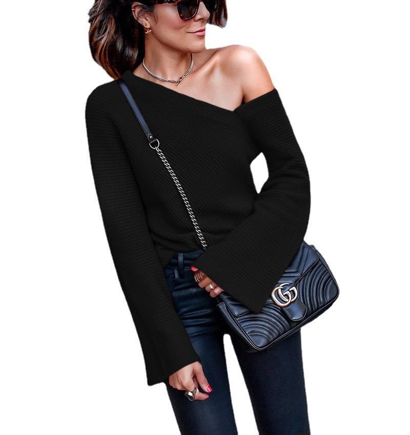 Damen asymmetrischer Grobstrickpullover mit lässigen Bellärmeln R&B