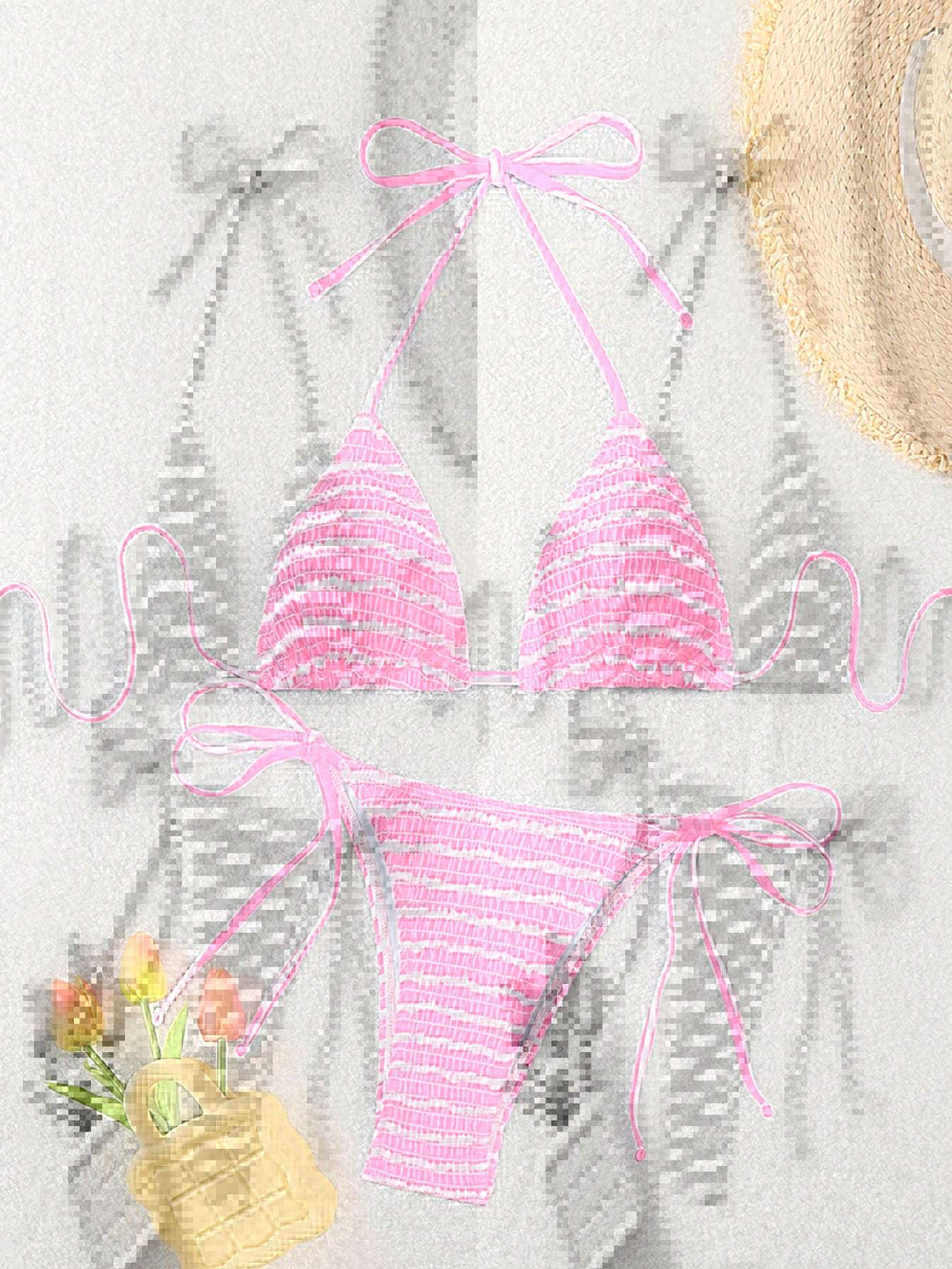 Damen Triangel-Bikini mit feinem Streifenmuster und raffinierten Bindebändern R&B
