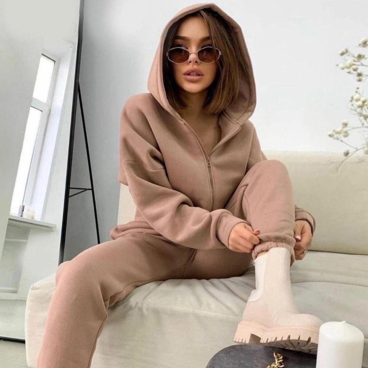 Damen nan weiches Reißverschluss-Hoodie und taillierte Komfort-Jogginghose Set mit innenliegendem Fleece R&B