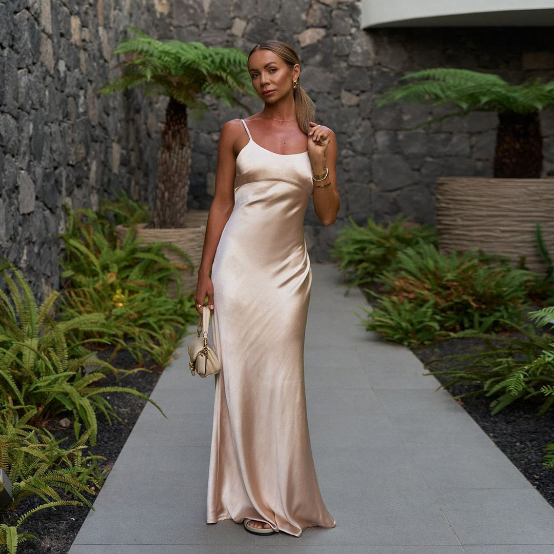 Damen Elegantes Satin-Maxikleid mit hauchdünnen Spaghettiträgern R&B