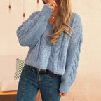 Damen kuschelige Strickjacke mit Zopfmuster und V-Ausschnitt R&B