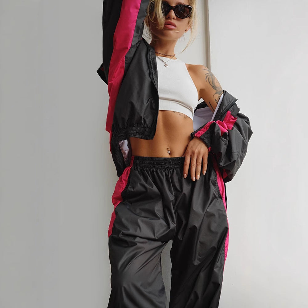 Damen nan sportives Trainingsanzug-Set mit Windbreaker-Jacke und weitem Hosenbein R&B