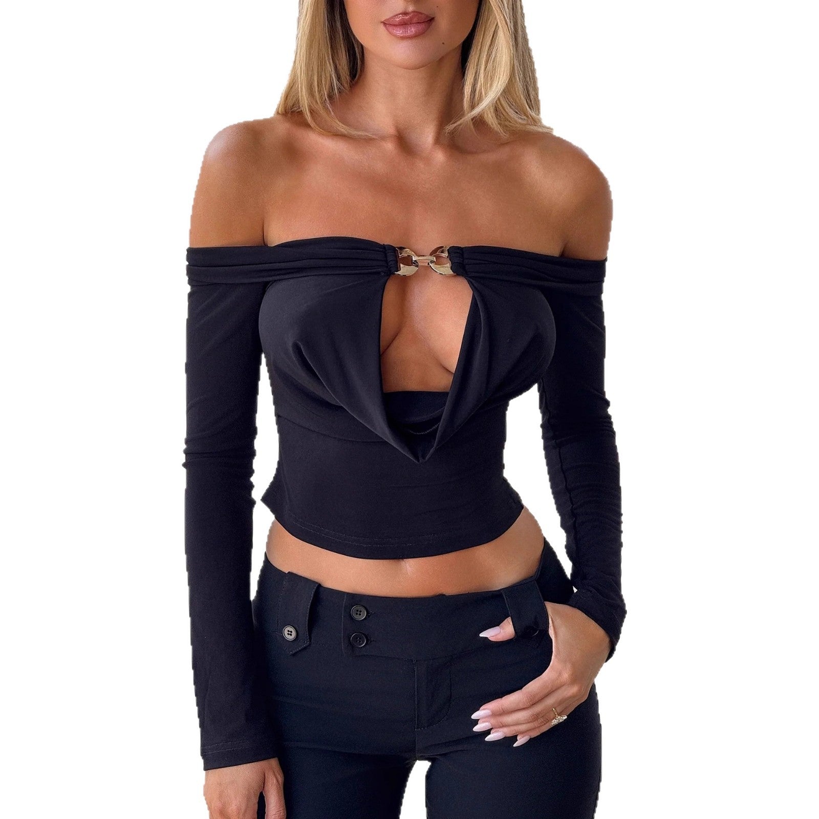 Damen Off-Shoulder Oberteil mit dekorativem Verschluss R&B