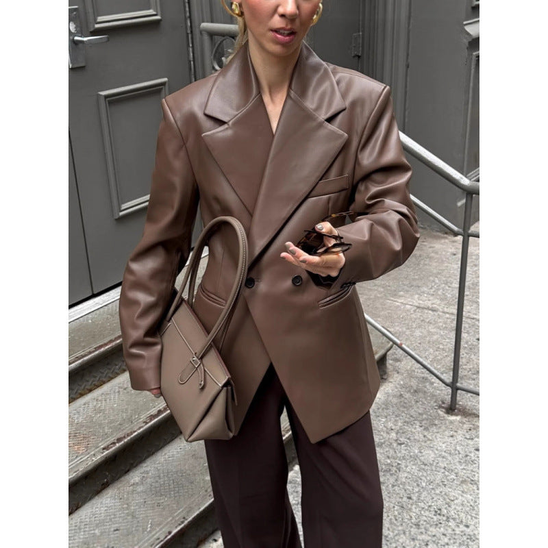 Damen Oversized Blazer aus hochwertigem Kunstleder mit doppelter Knopfverschluss R&B