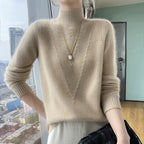Damen weicher Strickpullover mit hohen Kragen und V-Design R&B