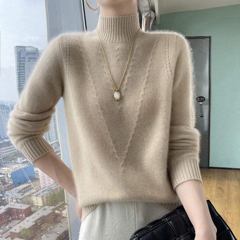 Damen weicher Strickpullover mit hohen Kragen und V-Design R&B