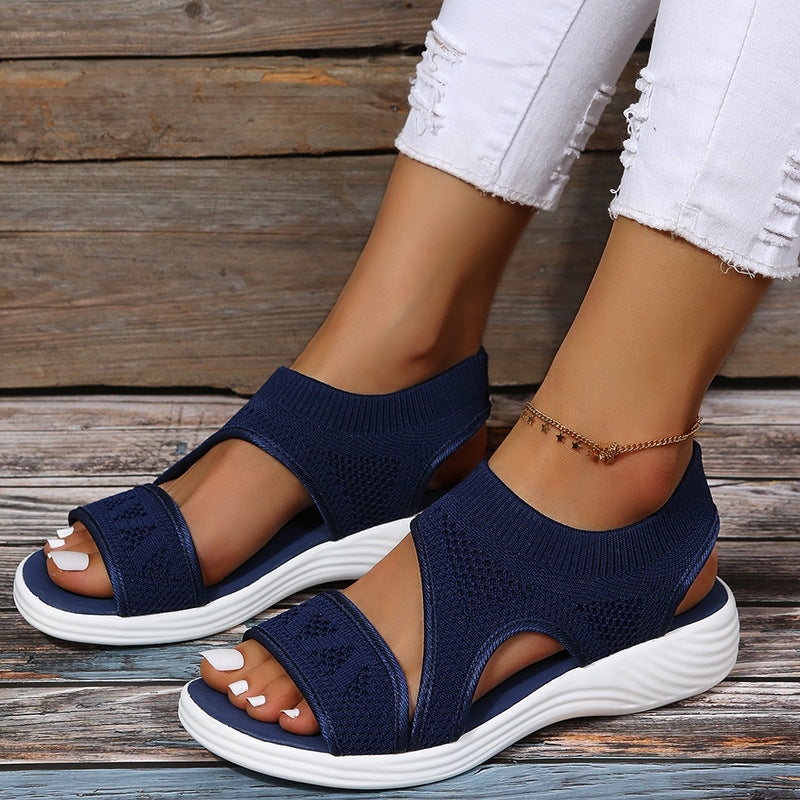 Damen Komfortable Keil-Sandalen mit atmungsaktivem Strickdesign und elastischen Riemen R&B