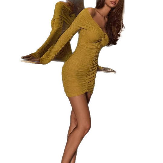 Damen figurbetontes Wickelkleid mit schulterfreien Ärmeln und Raffung R&B