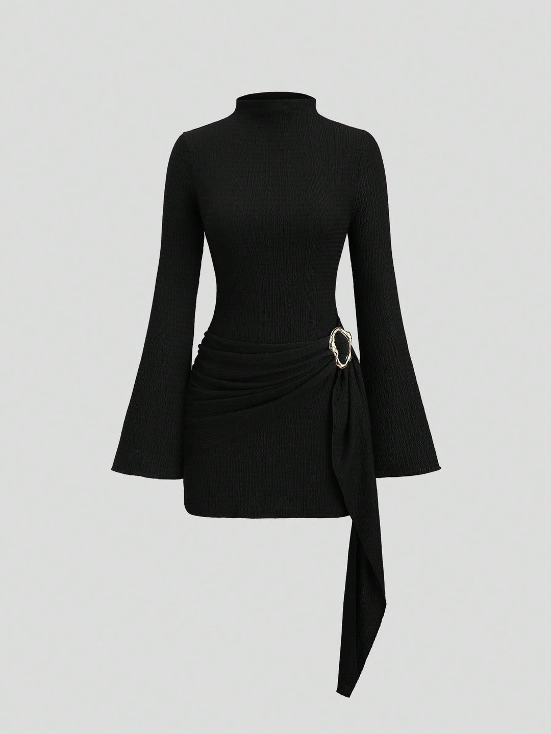 Damen nan figurbetontes Strick-Minikleid mit Stehkragen, Trompetenärmeln und seitlichem Drapé mit Zierring R&B