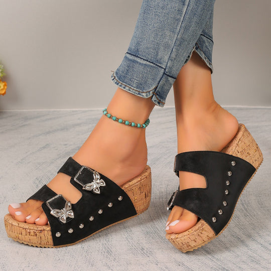 Damen Wedge-Pantoletten mit dekorativen Schnallen und elegantem Korkabsatz R&B